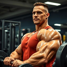 A muscular man in a gym, showcasing impressive biceps while lifting heavy weights