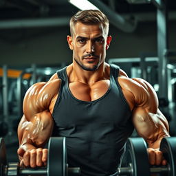 A muscular man in a gym, showcasing impressive biceps while lifting heavy weights