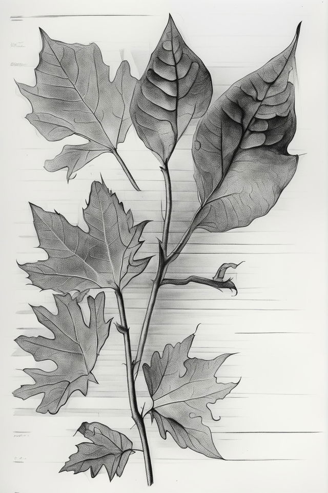 A pencil sketch on a lined pad featuring a collection of leaves