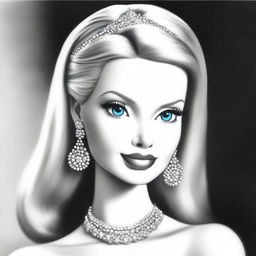 A meticulously crafted black and white pencil drawing featuring Barbie