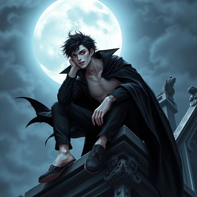 A young male vampire sitting elegantly on the edge of a gothic-style rooftop, with a dramatic moonlit sky in the background