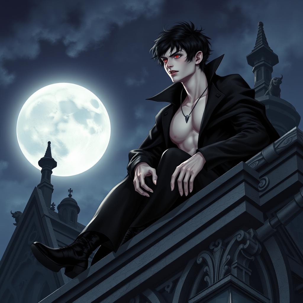 A young male vampire sitting elegantly on the edge of a gothic-style rooftop, with a dramatic moonlit sky in the background