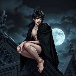 A young male vampire sitting elegantly on the edge of a gothic-style rooftop, with a dramatic moonlit sky in the background
