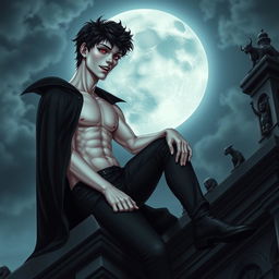 A young male vampire sitting elegantly on the edge of a gothic-style rooftop, with a dramatic moonlit sky in the background