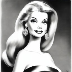 A meticulously crafted black and white pencil drawing featuring Barbie