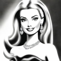 A meticulously crafted black and white pencil drawing featuring Barbie