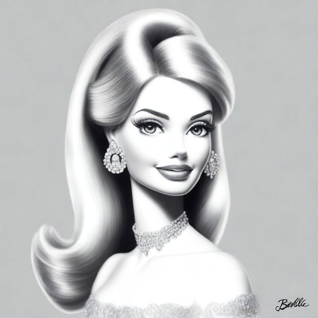 A meticulously crafted black and white pencil drawing featuring Barbie