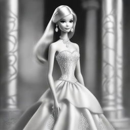 An exquisite black and white pencil drawing showcasing Barbie in a new light