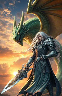 A majestic scene depicting a long-haired man with flowing white hair, standing confidently in a heroic pose, facing a magnificent dragon