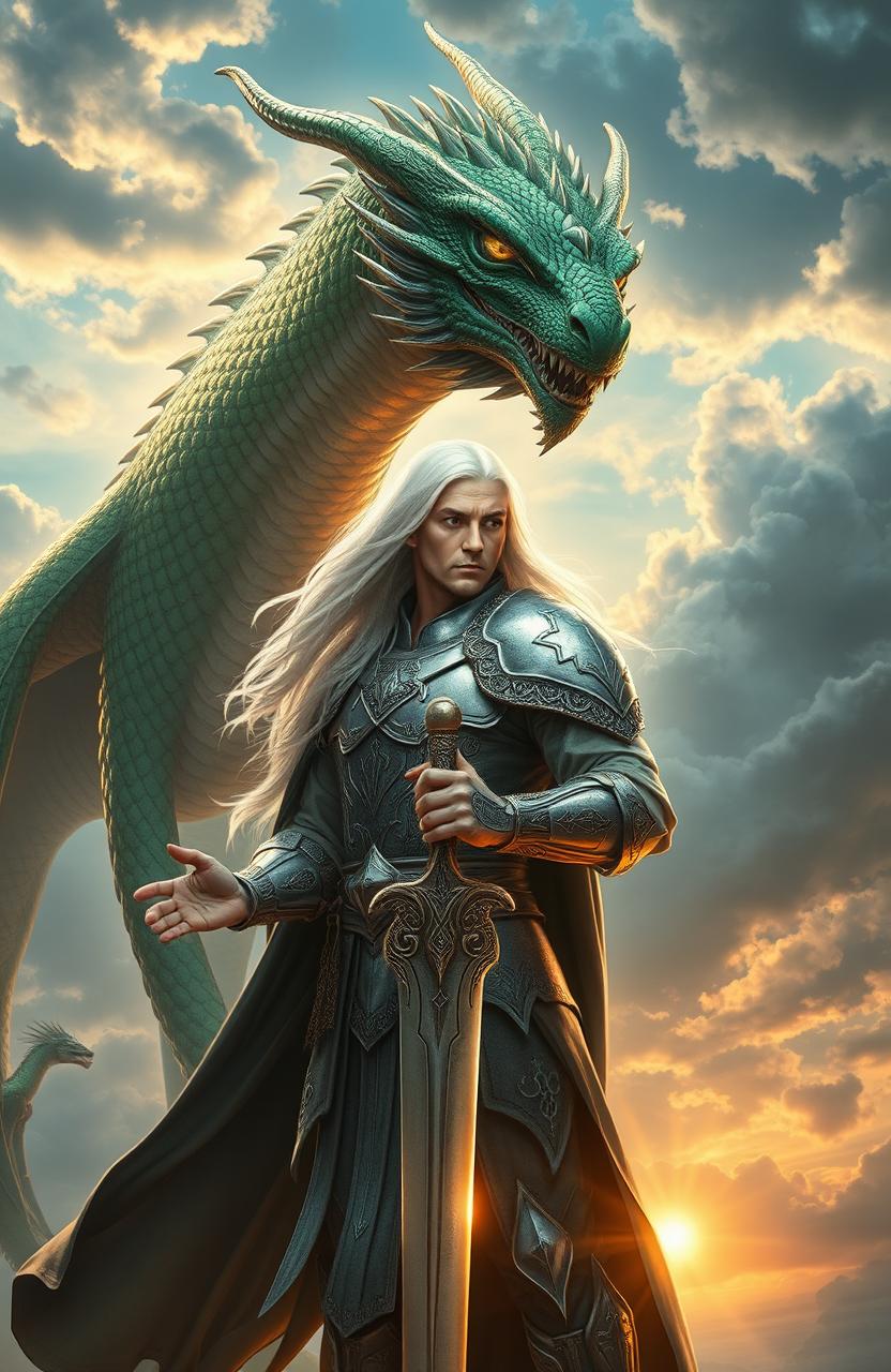 A majestic scene depicting a long-haired man with flowing white hair, standing confidently in a heroic pose, facing a magnificent dragon