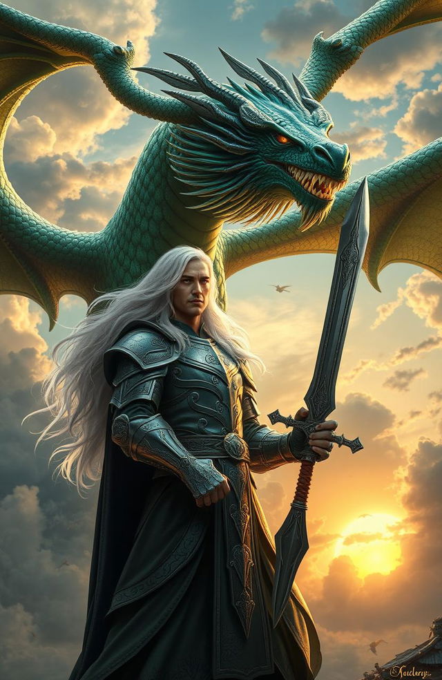 A majestic scene depicting a long-haired man with flowing white hair, standing confidently in a heroic pose, facing a magnificent dragon