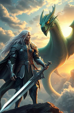 A majestic scene depicting a long-haired man with flowing white hair, standing confidently in a heroic pose, facing a magnificent dragon