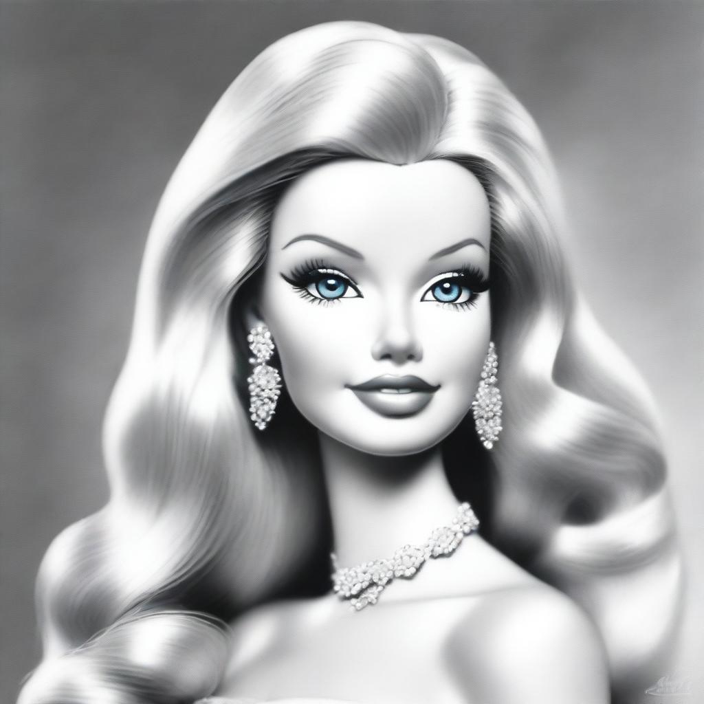 A different black and white pencil drawing of Barbie, presented in a unique and captivating style