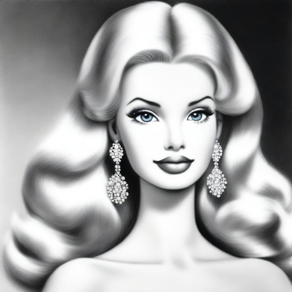 A different black and white pencil drawing of Barbie, presented in a unique and captivating style