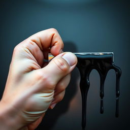 A close-up of a woman's hand gripping a thin, shiny metal rectangle with visible force, showcasing tension in her fingers