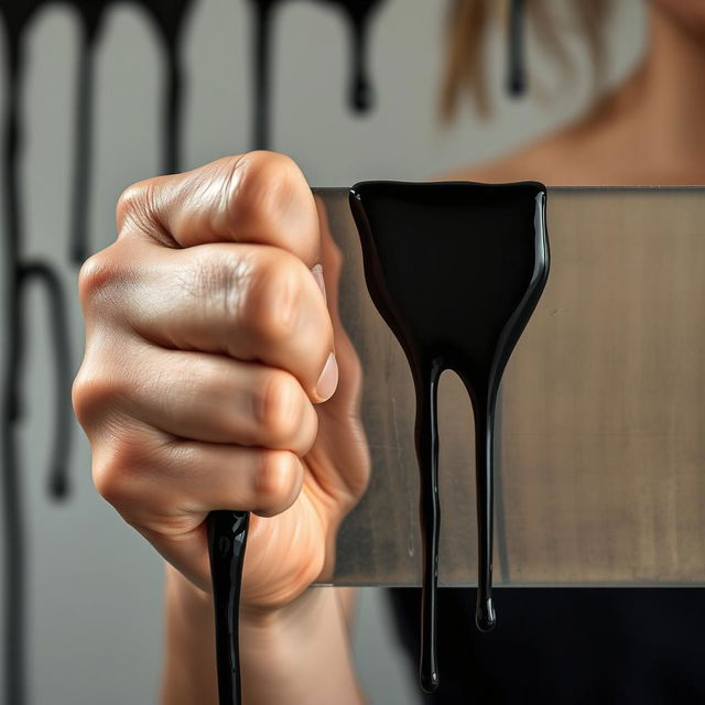 A close-up of a woman's hand gripping a thin, shiny metal rectangle with visible force, showcasing tension in her fingers