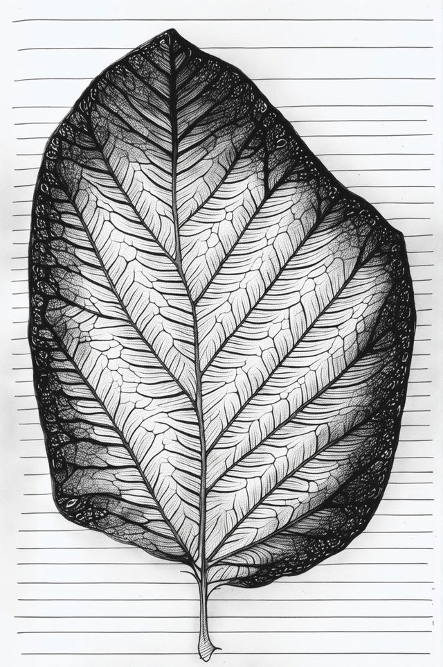 A detailed ballpoint pen drawing of a leaf on lined paper