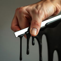 A close-up of a woman's hand gripping a thin, shiny metal rectangle with visible force, showcasing tension in her fingers