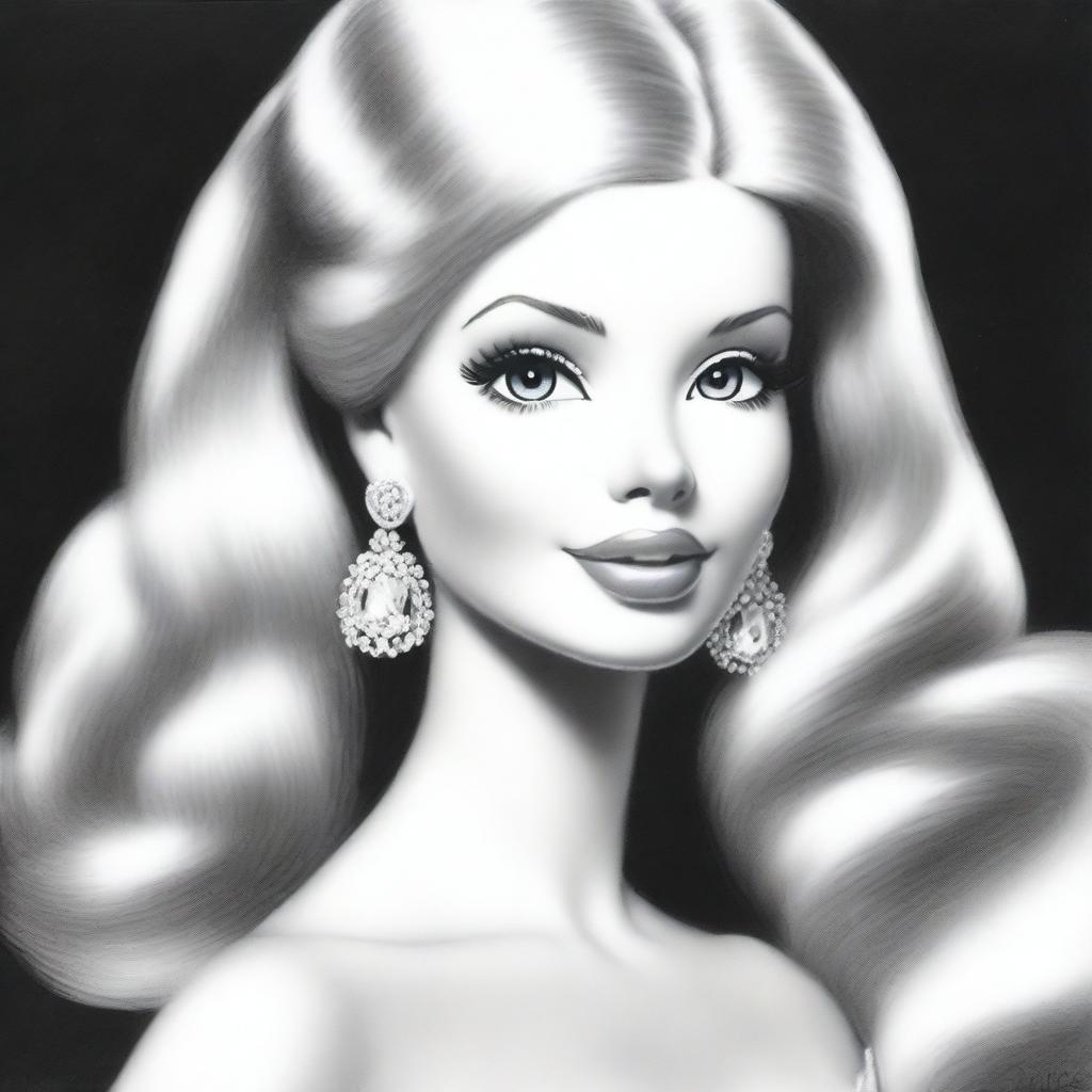 This is a distinct black and white pencil sketch of Barbie, exhibiting an alternative perspective of the iconic character