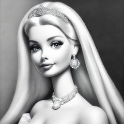 This is a distinct black and white pencil sketch of Barbie, exhibiting an alternative perspective of the iconic character