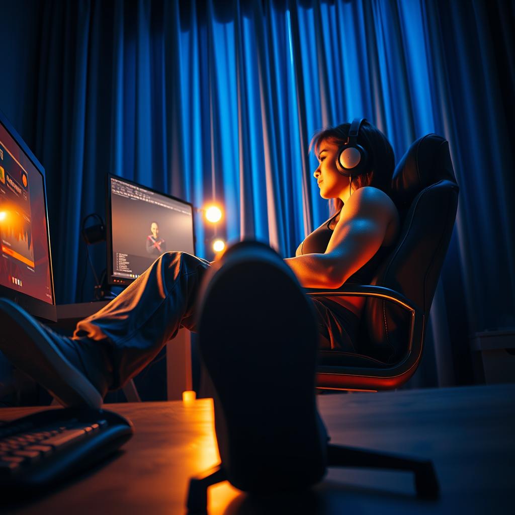 A photorealistic and cinematic image of a woman sitting in front of her office computer, leaning back in her chair