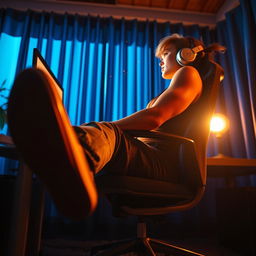 A photorealistic and cinematic image of a woman sitting in front of her office computer, leaning back in her chair