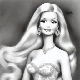 This is a distinct black and white pencil sketch of Barbie, exhibiting an alternative perspective of the iconic character