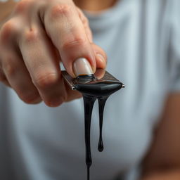 A close-up of a woman's hand squeezing a small, thin metal rectangle tightly, emphasizing the tension in her fingers