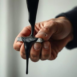 A close-up of a woman's hand squeezing a small, thin metal rectangle tightly, emphasizing the tension in her fingers