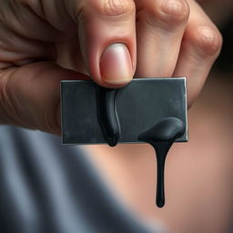 A close-up of a woman's hand squeezing a small, thin metal rectangle tightly, emphasizing the tension in her fingers