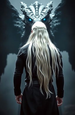 A powerful man with long flowing white hair, dressed in sleek black clothes, standing confidently with his back to the viewer
