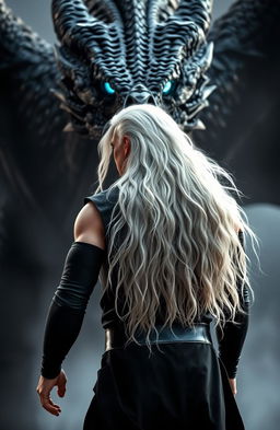 A powerful man with long flowing white hair, dressed in sleek black clothes, standing confidently with his back to the viewer