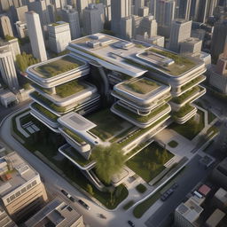 aerial view of futuristic SWAT high-rise headquarters with helipad for in city center in broad daylight based on https://files.dreamhome.software/files/static/36651