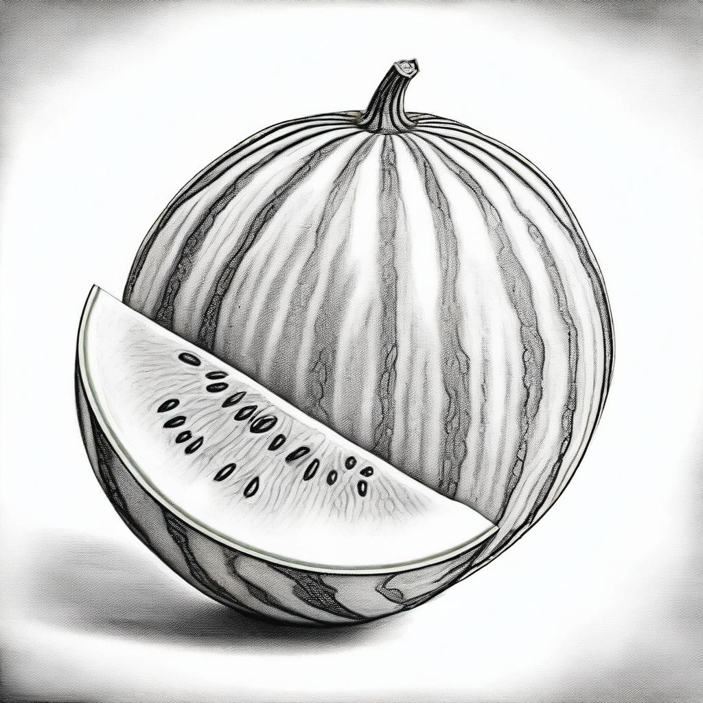 A black and white, high definition pencil drawing showcasing a watermelon