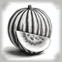 A black and white, high definition pencil drawing showcasing a watermelon