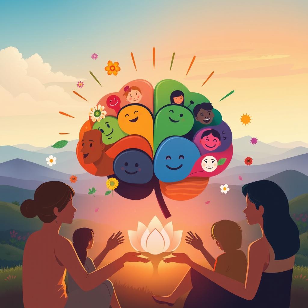 An artistic representation of mental health awareness, featuring a colorful brain illustration with various emotions depicted within each region, symbols of positivity such as flowers, sunlight, and smiles surrounding it