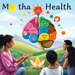 An artistic representation of mental health awareness, featuring a colorful brain illustration with various emotions depicted within each region, symbols of positivity such as flowers, sunlight, and smiles surrounding it