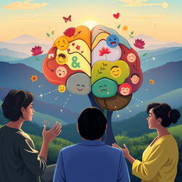 An artistic representation of mental health awareness, featuring a colorful brain illustration with various emotions depicted within each region, symbols of positivity such as flowers, sunlight, and smiles surrounding it