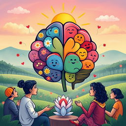 An artistic representation of mental health awareness, featuring a colorful brain illustration with various emotions depicted within each region, symbols of positivity such as flowers, sunlight, and smiles surrounding it