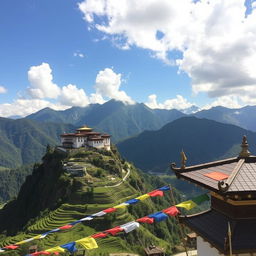 A breathtaking view of Bhutan's majestic landscape, featuring the iconic Paro Taktsang Monastery perched on a cliffside amidst the Himalayan mountains