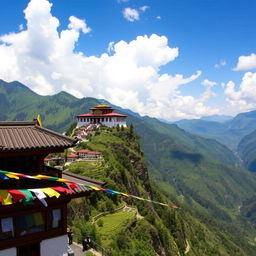 A breathtaking view of Bhutan's majestic landscape, featuring the iconic Paro Taktsang Monastery perched on a cliffside amidst the Himalayan mountains