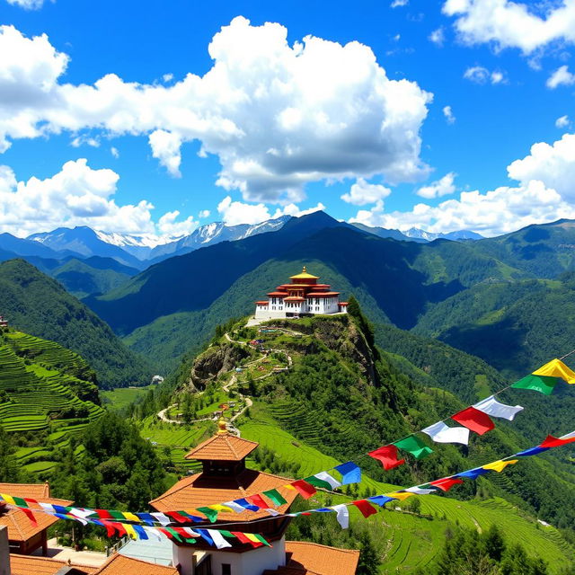 A breathtaking view of Bhutan's majestic landscape, featuring the iconic Paro Taktsang Monastery perched on a cliffside amidst the Himalayan mountains