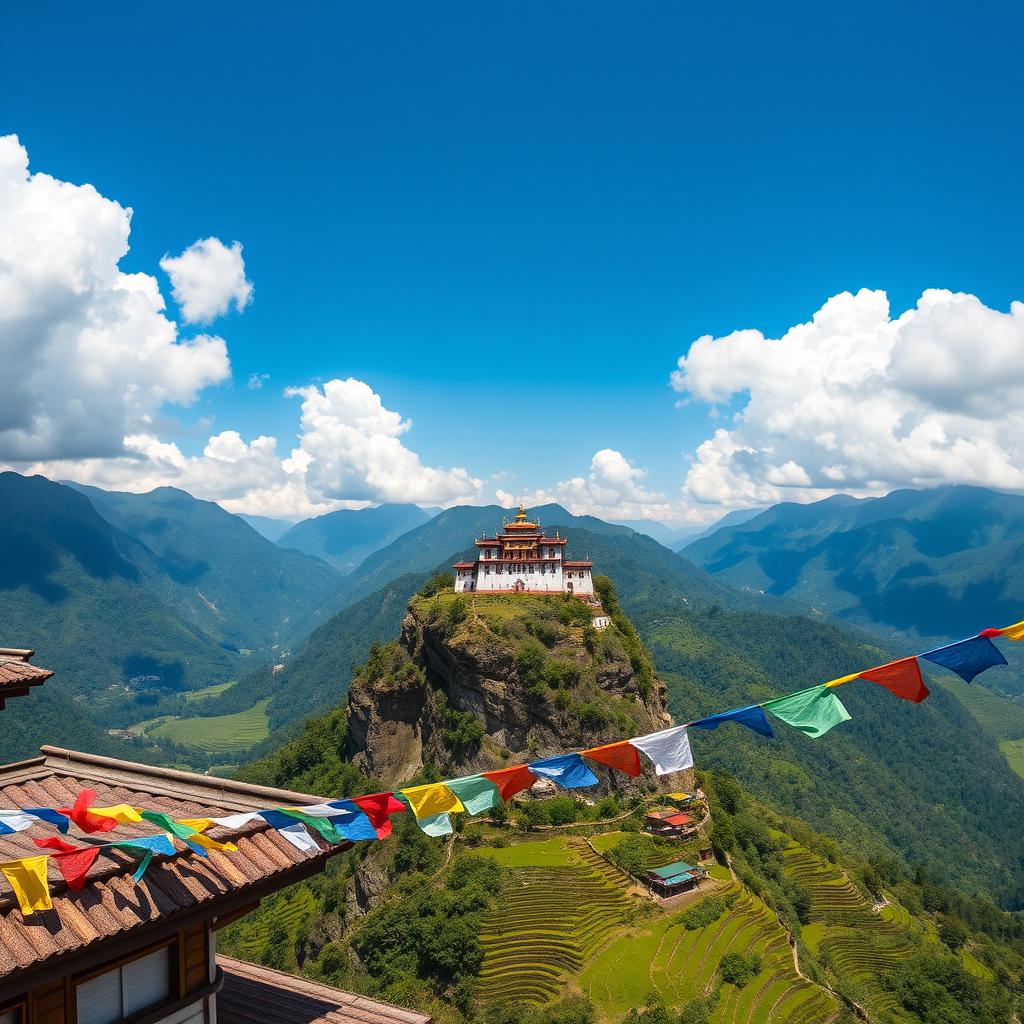 A breathtaking view of Bhutan's majestic landscape, featuring the iconic Paro Taktsang Monastery perched on a cliffside amidst the Himalayan mountains