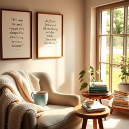 A peaceful scene depicting self-care for mental health, featuring a cozy indoor space with soft lighting