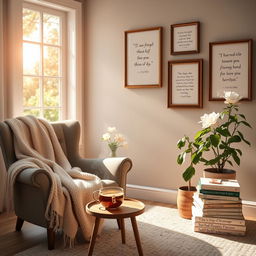 A peaceful scene depicting self-care for mental health, featuring a cozy indoor space with soft lighting