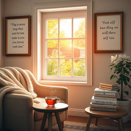 A peaceful scene depicting self-care for mental health, featuring a cozy indoor space with soft lighting