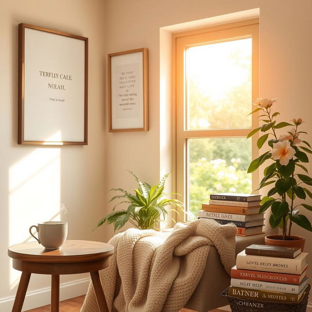 A peaceful scene depicting self-care for mental health, featuring a cozy indoor space with soft lighting