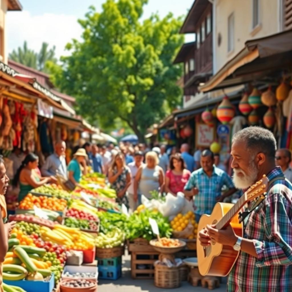 A vibrant and lively street scene in a bustling market, showcasing an array of colorful stalls filled with fresh fruits, vegetables, and local handicrafts