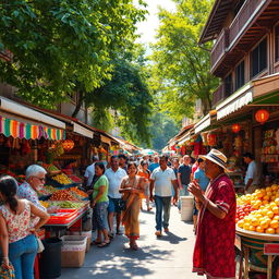 A vibrant and lively street scene in a bustling market, showcasing an array of colorful stalls filled with fresh fruits, vegetables, and local handicrafts