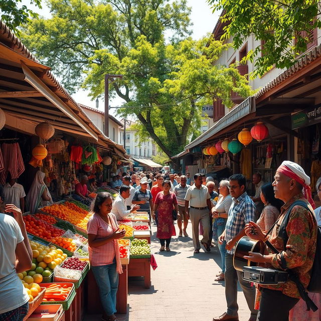 A vibrant and lively street scene in a bustling market, showcasing an array of colorful stalls filled with fresh fruits, vegetables, and local handicrafts